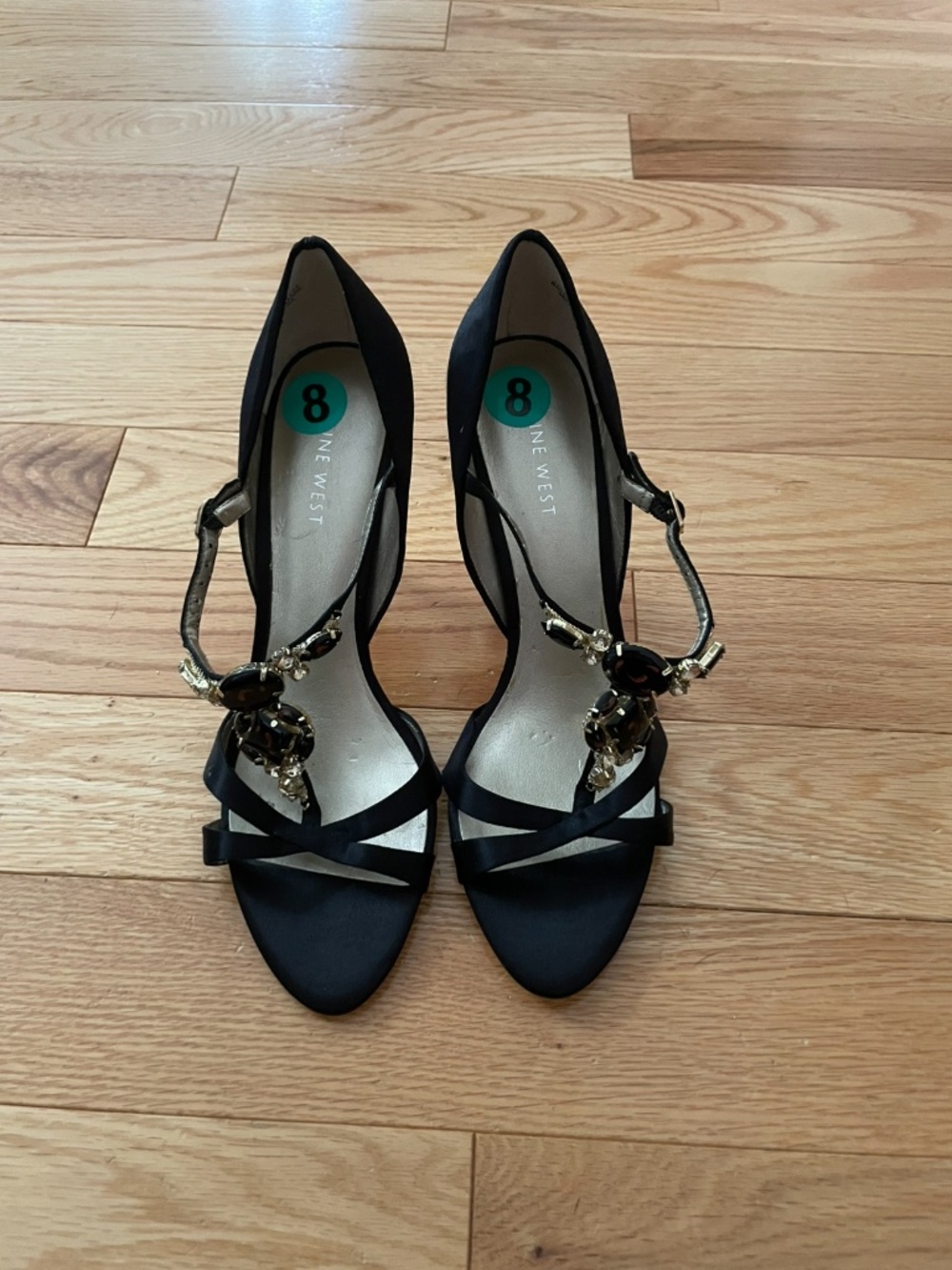 Sexy Nine West Heels, Black Satin with Jewels, Size 8M